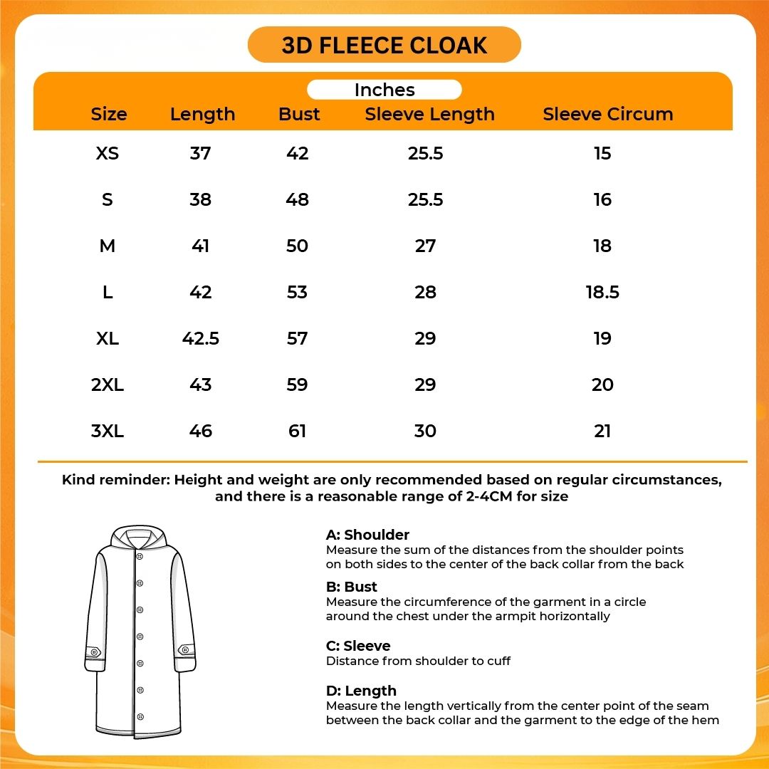 3D Fleece Cloak Size Chart - Overwatch Shop